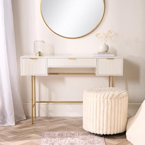 Image of OHS Dressing Table, Ribbed Wooden Vanity Table with 3 Drawers Decorative Drawer Organiser with Gold Metal Frame Modern Makeup Desk for Bedroom, White - 110 x 35 x 75cm