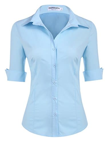 Image of HOTOUCH Blouses for Women Cotton Fitted Shirt Ladies 3/4 Sleeve Office Shirts Short Sleeve Blouse Button Down V-Neck Tops Sky Blue M