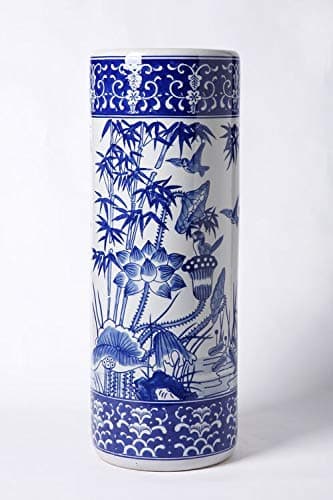 Image of Home Gift 24" Porcelain Umbrella Stand, Classic Blue and White Floral/Bird Design