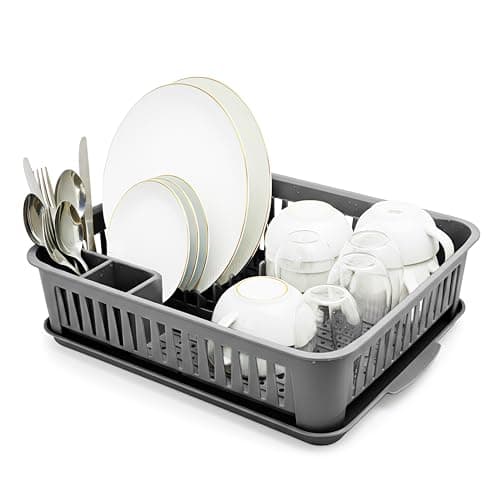Image of DIVCHI Dish Drainer & Drying Rack with Removable Drip Tray & Cutlery Holder Space Saving Plastic Dish Draining Organizer for Kitchen Counter, Detachable Water Tray with Spoon Holder (Grey)