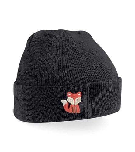 Image of Fox Embroidered Beanie Hat for Adults | Woodland Animal Knit Cap | Winter Hat Black