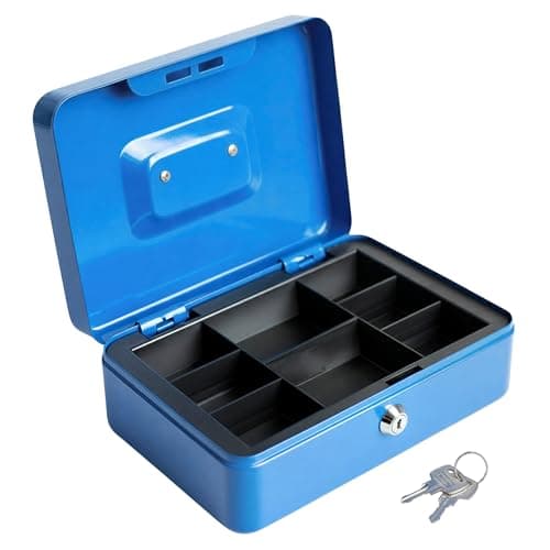 Image of Luxtrous Money Box, 8 Inch Lockable Cash Box With 2 Keys, Money Tin With Removable Tray, Petty Cash Deposit Tin, Easy to use & Strong metal box (Blue)