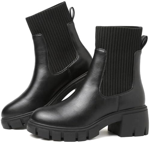 Image of Chelsea Boots Women Ankle Black Boots For Women Uk Platform Ladies Walking Waterproof Elastic Chunky Heel Lug Sole Slip On Boot Winter Booties Size 4 Uk Artificial Leathe Botines Para Mujer Combat