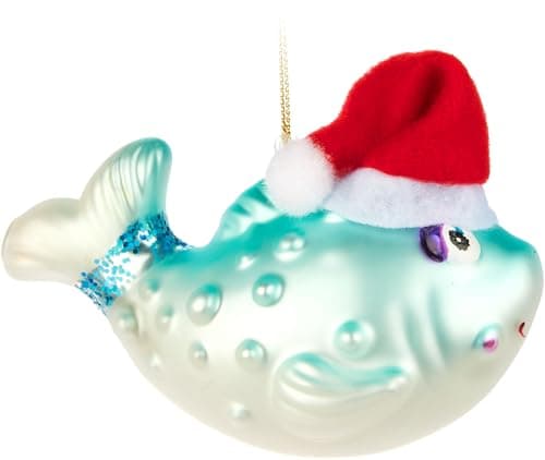 Image of BRUBAKER Fish with Santa Hat - Hand-Painted Glass Christmas Bauble - Lovely Blue Puffer Fish - Mouth-Blown Christmas Tree Ornament Figure - Funny Decoration Pendant - Bauble 4.3 inches (11 cm)