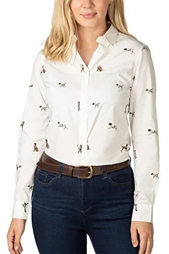 Image of Rydale Ladies Printed Shirt Women’s Button Down Shirts 100% Cotton Animal Print Blouse 5 Colours (Country Dog White, 14)