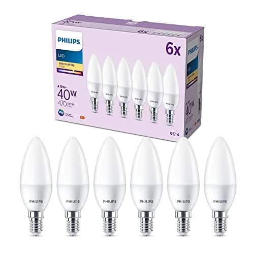 Image of Philips LED Frosted B35 Candle Light Bulb 6 Pack [Warm White 2700K - E14 Small Edison Screw] 40W, Non Dimmable. for Home Indoor Lighting