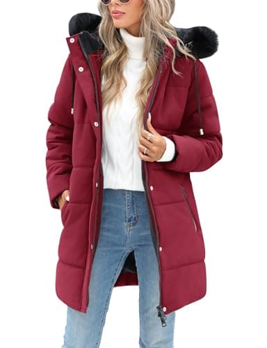 Image of RITOSTA Women's Long Winter Coats Ladies Quilted Jacket Zip up Fleece Lined Coat Thicken Padded Puffer Parka Longline Hoodies Padded Coats with Faux Fur Removable Hood for Outdoor Sport (Red,M)