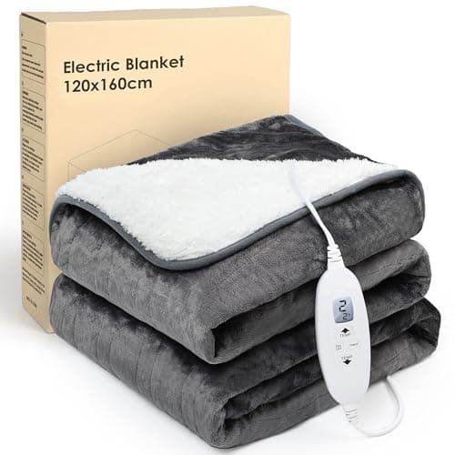 Image of Electric Heated Blanket Throw,Electric Throw with 4 Heat Settings & 4 Hours Auto-Off Timer, LCD Display,Grey Heating Blanket Flannel Sherpa for Sofa and Bed,160 * 120CM