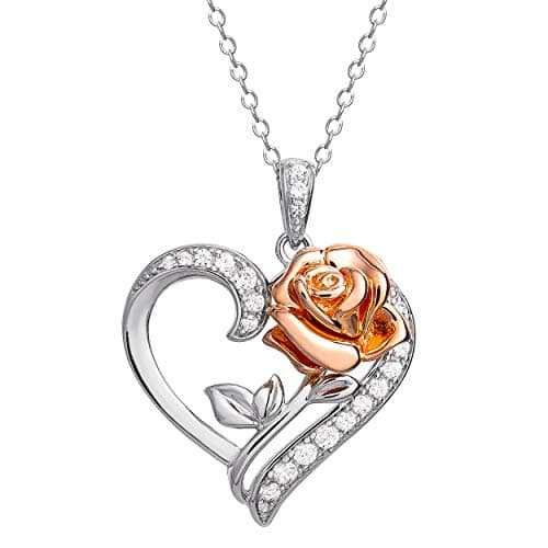 Image of Disney Beauty and the Beast Pink Gold Over Sterling Silver Two Tone Enchanted Rose Cubic Zirconia Heart Necklace, 18"
