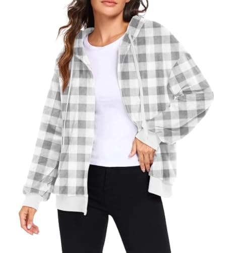 Image of PrinStory Womens Zip Up Hoodie Long Sleeve Flannel Hoodie Full Zipper Hooded Sweatshirt Plush Jackets With Pocket (Gray Small Plaid, M)