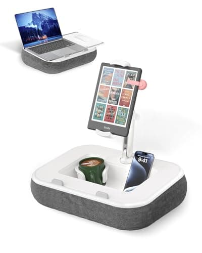 Image of Viozon Tablet Pillow Stand, Kindle Holder & Lap Desk, Compatible with 4.7~13" Tablets/Phones & 10~15" Laptops, Silicone Cup Holder, Snack Bowl, Magnetic Mouse Pad & Detachable Quick-Release Arm, Grey