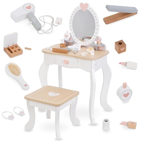Image of Mamabrum Kids Dressing Table for Girls with Mirror and Stool - Wooden Vanity Table and Chair with Accessories - Role Play Set Toy for Make Up Artist
