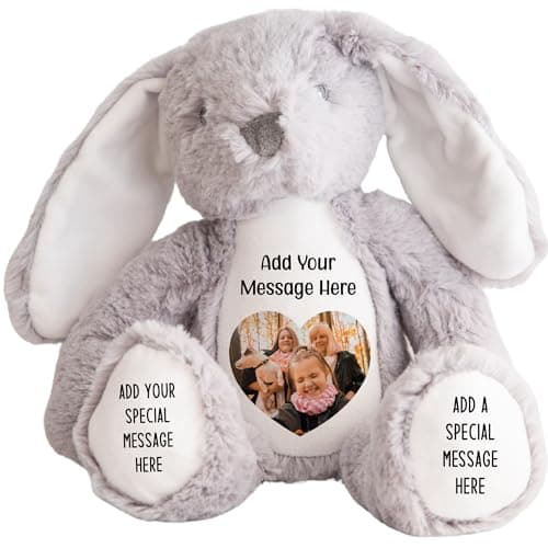 Image of Personalised Photo Teddy Bear – Add Photo on Front & Text on Feet | 28 Styles | Custom Keepsake Gift for Baby, Sympathy, Birthday & More (Grey Bunny Teddy Bear)
