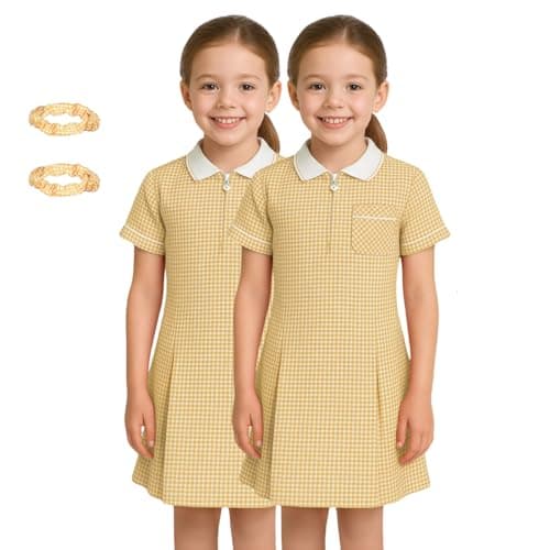 Image of SchoolStitch® Girls Gingham School Dress, Pack of 2 Kids Short Sleeve Zip Up Pleated Check Print Summer Dress with Side Pockets and Hair Bobble, School Uniform Girls Ages 3-20 Yellow