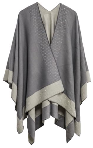 Image of Miaikvs Women Poncho Reversible Oversized Open Front Cardigans Blanket Rhinestone Shawls Wraps for Ladies (Grey)