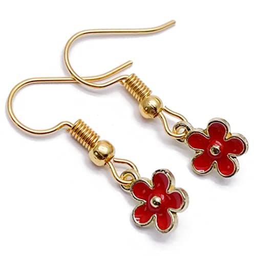 Image of Tiny Daisy Flower Charm Earrings, Red Enamel Charm Beads on Nickel Free Gold Tone Hooks : 28mm long, Floral Jewellery Gift for Women, Flower Drop Earrings