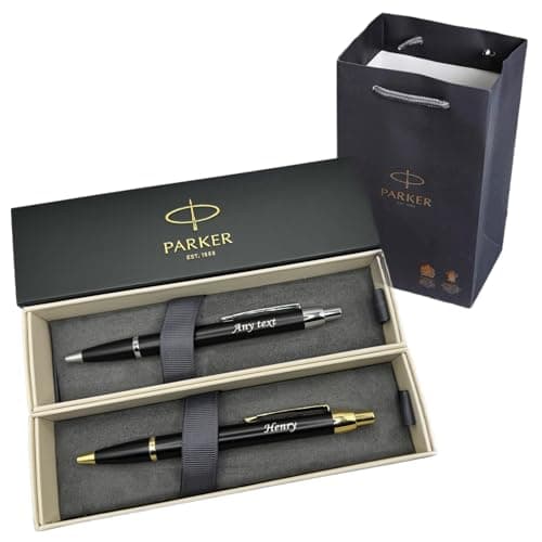 Image of Personalised Engraved Premium Parker Stainless Steel Gold or Silver Trim Ballpoint Pen with Black Ink, Classy Gift Box and gift bag Custom Gift for Christmas, for Men and Women Enter Your Custom Text