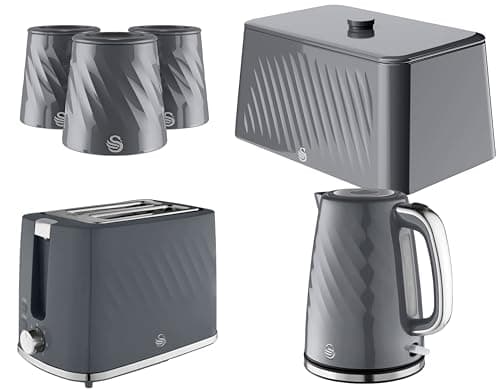 Image of Swan Windsor 6 Piece Kitchen Set in Grey - 1.7L 3KW Kettle, 2 Slice Toaster, Breadbin & 3 Canisters. Contemporary Matching Bundle Set in Grey with Textured Gloss Finish & Chrome Accents