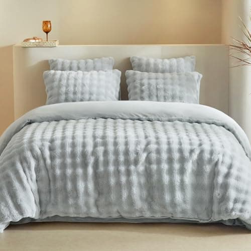 Image of Lekesky Fleece King Size Duvet Cover Sets Grey Bedding, Ultra-Soft Warm Faux Fur King Size Fleece Duvet Set (1x Quilt Cover, 2x Pillowcases) Grey Fluffy Bedding Sets 230x220 cm for Winter
