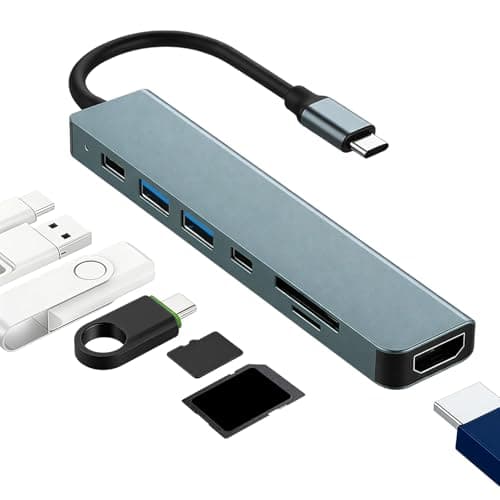 Image of USB C Hub 7-in-1, USB Multiport Adapter with 4K HDMI Port, SD/TF, Type-C, USB A 2.0, USB A 3.0 Data Ports, PD 100W Fast Charging, Fast Data Transfer, Compatible with MacBook, iPad, Dell XPS, Laptop