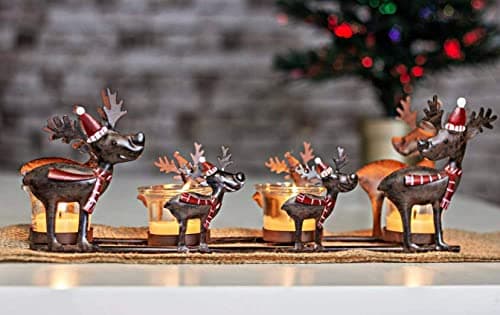 Image of HomeZone Christmas Reindeer Votive Tealight Candle Holder - Rustic Metal Reindeer and 4x Glass Tealight Candle Holder - Festive Gift Xmas Table Centrepiece Rudolf Santa Candle Light Decor