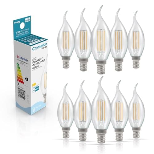Image of Crompton Lamps Bent-Tip Candle LED Light Bulb SES-E14 | 2.2W = 25W Equivalent | Warm White 2700K | Flame Tip | Small Screw Lightbulb | Long Life 15,000-Hrs | Clear Glass | 10-Pack