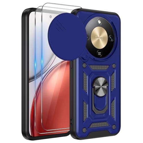 Image of iCatchy Honor Magic 8 Lite Case with 2X Screen Protector | Shockproof Military Grade Drop Protection | Heavy Duty Rugged Phone Cover with Ring Holder Kickstand & Sliding Camera Cover (Blue)