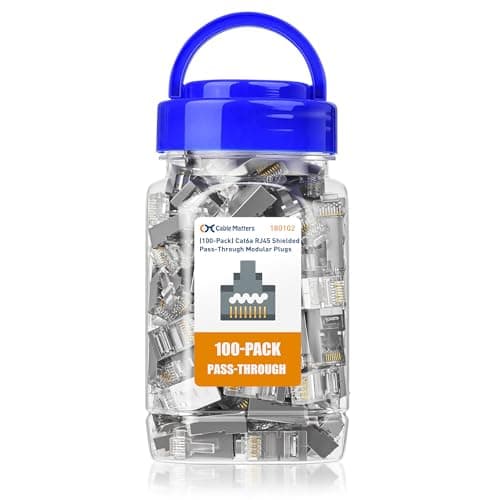 Image of Cable Matters 100-Pack Cat 6A Shielded RJ45 Connector Pass Through (Cat 6A Ends / Cat6A Connector / RJ45 Modular Plugs/Ethernet Plugs/Network Coupler) for Solid or Stranded S/FTP Ethernet Cable