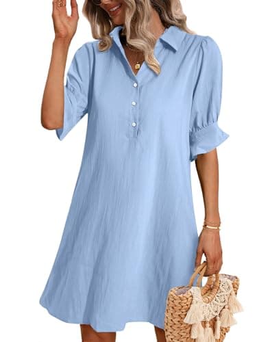 Image of Zeagoo Summer Dresses for Women UK Casual Loose Button Down Shirt Dresses Solid Color Tunic Dress Sky Blue