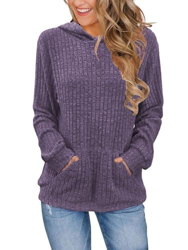 Image of iChunhua Purple Hoodies for Women Uk Solid Color Long Sleeve Gym Tops Casual Slouchy Ladies Hooded Jumper With Pocket Purple M
