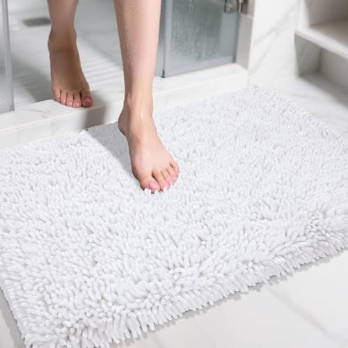 Image of Yimobra Luxury Chenille Bath Mat, Extra Soft and Absorbent Shaggy Bathroom mats Non Slip, Machine Washble Dry, Plush Floor Carpet for Tub, Shower, and Bath Room, White, 92 x 61 cm