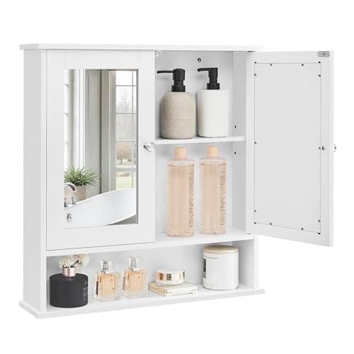 Image of VASAGLE Bathroom Cabinet with Mirror, Wall Cabinet with 2 Mirrored Doors and Open Compartment, Adjustable Shelf, Wall-Mounted, 13 x 56.5 x 58.5 cm, White LHC002