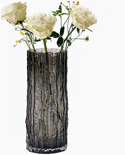 Image of 9.8 Inch Black Glass Vase, Glacier Glass Flower Vase, Boho Cylinder Ribbed for Centerpiece, Living Room, Kitchen, Bookshelf, Dinner Table