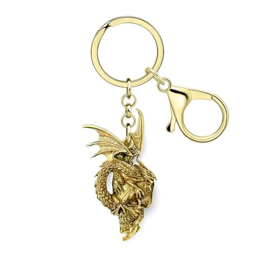 Image of RAIDIN Alloy Fantasy Dragon Skull Keychain Halloween Gifts for Women Men Gothic Medieval Dragon Lovers Car Keys Accessories (Gold)
