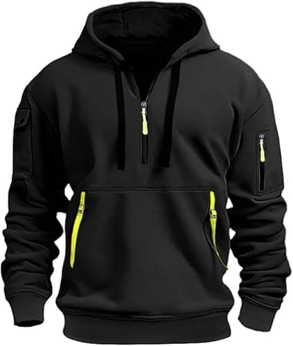 Image of Men's Hoodies Casual Pullover Hooded Sweatshirt Long Sleeve Quarter Zip Hoody Tops Fleece Hoodie Drawstring Sweatshirt (UK, Alpha, M, Regular, Regular) Black