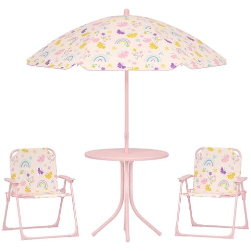 Image of AIYAPLAY Children Table and Chair Set with Adjustable Parasol, 2 Folding Chairs, Picnic Table, Rainbow Pattern Outdoor Patio Set, for Ages 2-5 Years, Pink