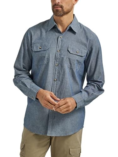 Image of Wrangler Authentics Men's Long Sleeve Classic Woven Shirt Button, Dark Chambray, XXL