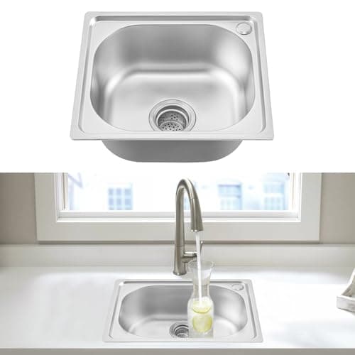Image of CROWNSHOP Kitchen Sink 420 * 370 * 190MM Stainless Steel Undermount Sink Square Inset Single Bowl with Drainer Waste for Kitchen Utility Room Bar