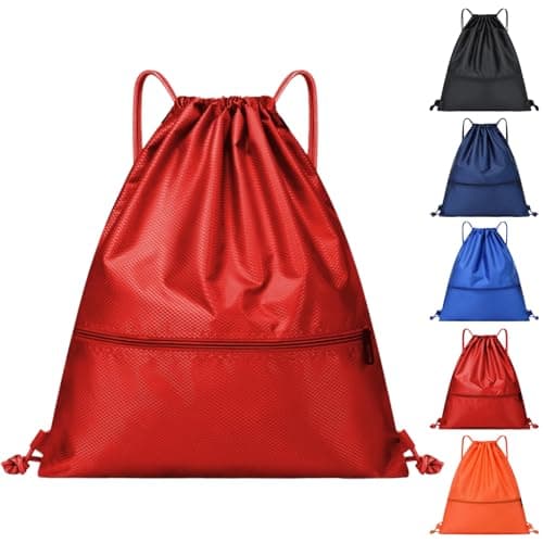 Image of Arae Drawstring Backpack Bag with Front Pocket Waterproof Oxford Cloth, Lightweight Gym Sack for Sports and Travel (Red, Large)