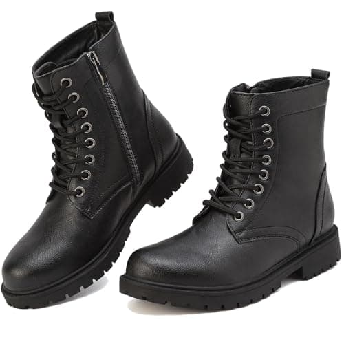 Image of ziitop Boots for Women Waterproof Ladies Ankle Boots Black Lace Up Side Zipper Womens Platform Leather Short Booties