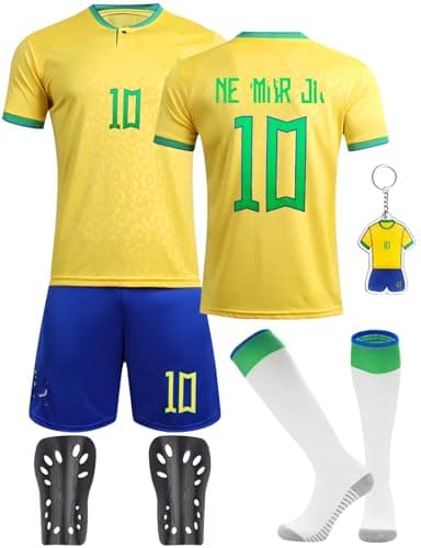 Image of Yumcute Kids Football Kits - No.7 & 10 Jerseys, Training Set - Shirts, Shorts, Socks, Guard & Keychain - 23/24 Home & Away Soccer Gifts for Boys & Girls
