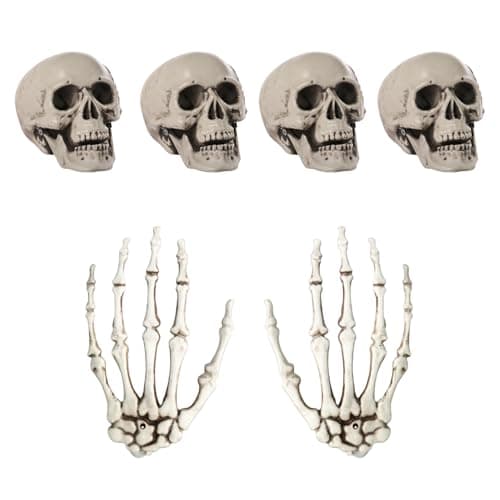 Image of RmKbe 6pcs Halloween Horror Skeleton Skull and Skeleton Hands Simulation Skull Props Scary Party Decoration Halloween Fancy Dress Accessory for Haunted House