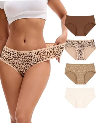 Image of INNERSY Underwear Women Cotton Knickers Mid Rise Ladies Briefs Soft Hipster Panties Multipack of 4 (S, Beige/Brown/Leopard/Floral)