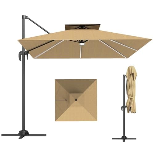 Image of Outsunny 2.5m Cantilever Parasol with Solar Powered LED Lights, Double Top Square Overhanging Garden Parasol with 360° Rotation, Tilt Adjustment, Crank Handle, Khaki