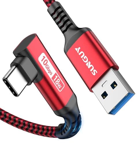 Image of SUNGUY 25CM 10Gbps USB 3.1 Gen 2 USB C Data Cable, Right Angle USB A to USB C 3A Fast Charging for Galaxy S22 S21 S20, USB C External C SSD, Pixel-Red