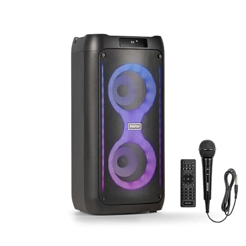 Image of Fenton Core80 portable party speaker, 2x 4 woofers, Bluetooth 5.3 wireless, built-in battery, LED light show, stereo pairing, mic/remote included, 12 hours playtime, karaoke-ready
