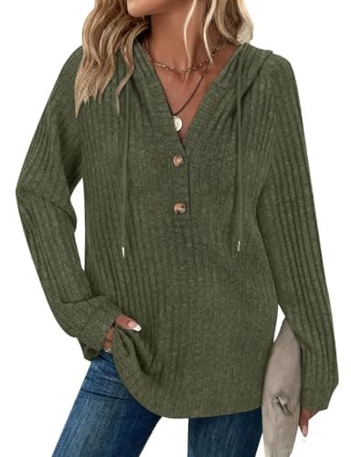 Image of Syphiby Womens Sweatshirts Long Sleeve Hoodies Tops for Women UK Button V Neck Jumpers for Women UK Casual Loose Striped Sweaters Fall Tops Army Green