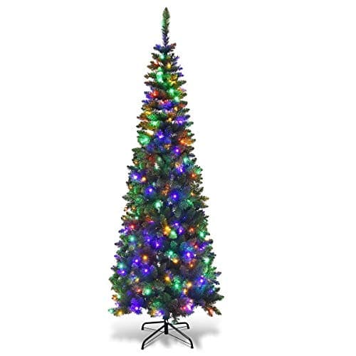 Image of 4Ft/1.2m Pre-Lit Artificial Slim Christmas Tree Green Pencil Tree, Pointed Tips, Metal Stand Multicolour LEDs Lights Holiday Home Decorations