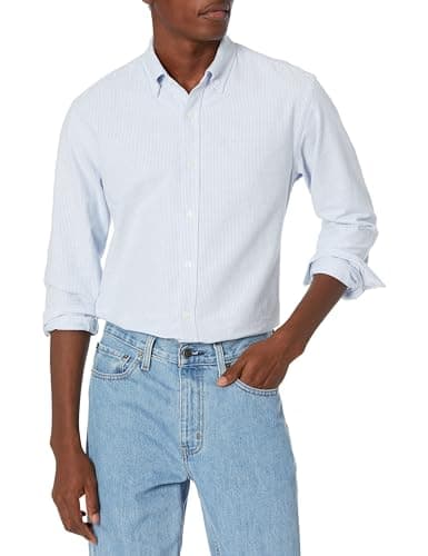 Image of Amazon Essentials Men's Regular-Fit Long-Sleeved Oxford Shirt, Blue Stripes, L