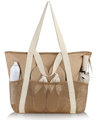 Image of HOMESPON Beach Tote Bag for Women with Zip and Pockets Large Waterproof Mesh Holiday Handbag for Travel Swimming Pool Shopping Gym(Khaki)